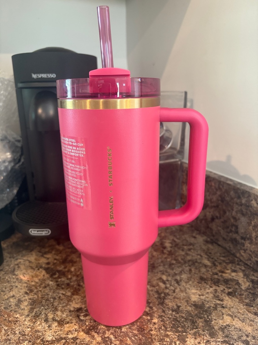 Stanley x Starbucks Pink Travel Tumbler with Gold Accent and Handle 40 oz